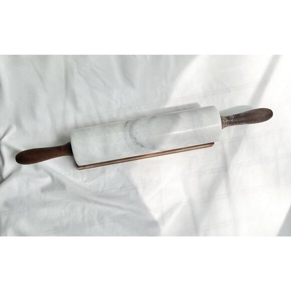 Vintage Heavy Marble Rolling Pin with Stand - Dark Wood, White and Grey Marble - Picture 2 of 10